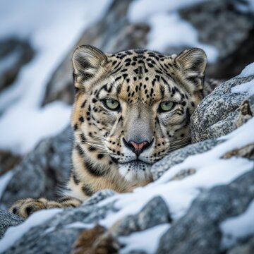 Close-up portrait of a majestic snow leopard with piercing green eyes resting in a snowy, rocky mountain habitat.
