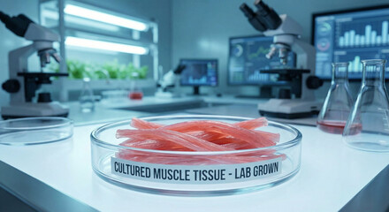 Cultured lab grown meat muscle tissue in petri dish for future food concept
