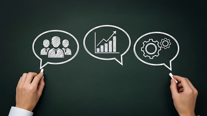 Chalkboard drawings of team people growth chart and gears in speech bubbles hand
