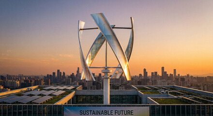 Vertical axis wind turbine on city roof for urban renewable energy concept