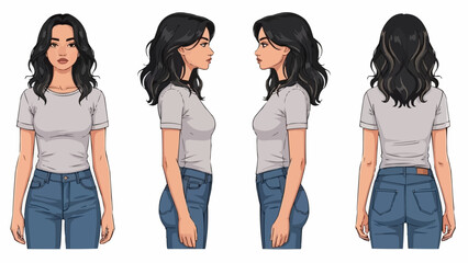 Young Woman Character Design Front Side Back Views. © ade