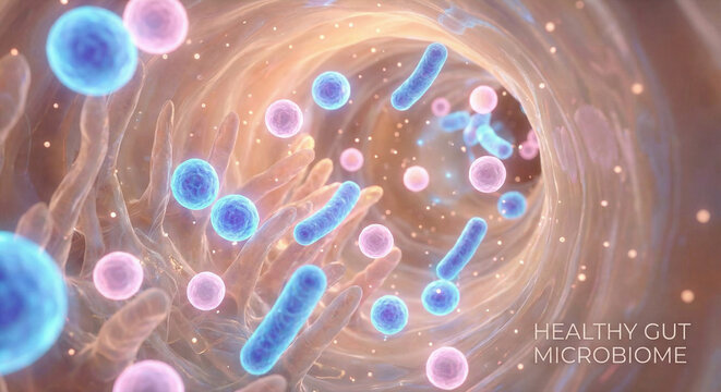 Microscopic healthy gut bacteria microbiome and probiotics medical concept