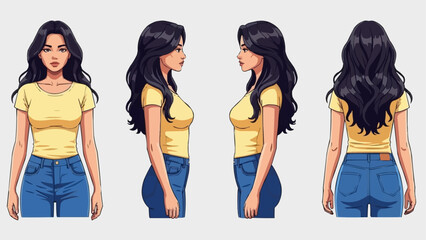 Woman Character Design Front Side Back View. © ade