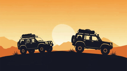 Two Off Road Vehicles Silhouetted Against a Sunset Sky. © ade
