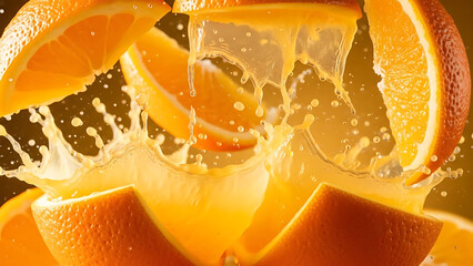 Vibrant orange slices in mid-air, splashing fresh juice, capturing the essence of citrus refreshment