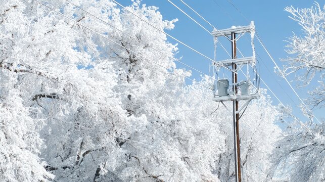 Snow Covered Electrical Power Lines in Winter Forest Landscape