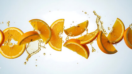 Dynamic explosion of fresh orange slices and golden juice splashes, creating a vibrant display of health, natural flavor, and refreshing vitality