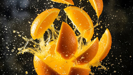Dynamic explosion of vibrant orange slices splashing into a refreshing burst of citrus juice, creating a lively cascade of liquid droplets against a dark background
