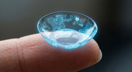 Smart contact lens on fingertip with glowing digital interface and circuit