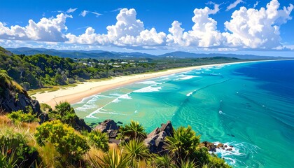 Stunning aerial view of a vibrant beach, crystal-clear turquoise waters meeting golden sands under a bright, cloudy sky