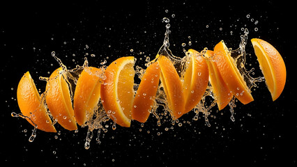 Dynamic spiral of juicy orange slices caught mid-splash, creating a vibrant display of freshness and energizing citrus explosion
