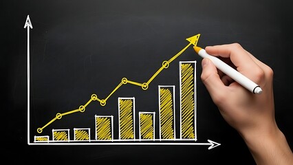 Hand drawing yellow line graph with rising bars on black background chart bar chart