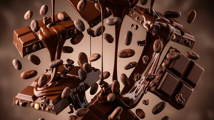 Dynamic display of rich dark chocolate bars, flowing melted chocolate, and falling cocoa beans creating an irresistible scene of sweet indulgence and dessert delight