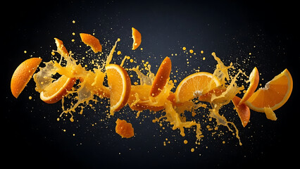 Vibrant burst of fresh orange slices and juicy splashes frozen in motion against a dark background, embodying refreshing citrus flavor and healthy vitality