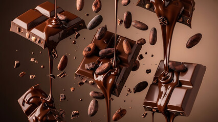 Melted Chocolate Slabs with Cocoa Beans Cascading in a Rich, Decadent Display