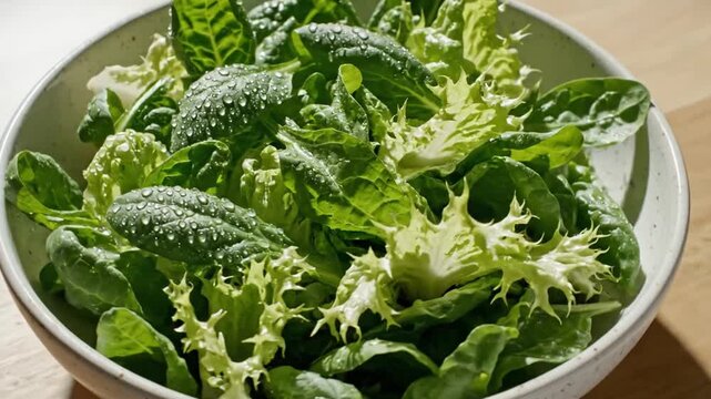 Fresh Green Salad Mix With Dewy Spinach And Frisee In A Ceramic Bowl On Wood Background