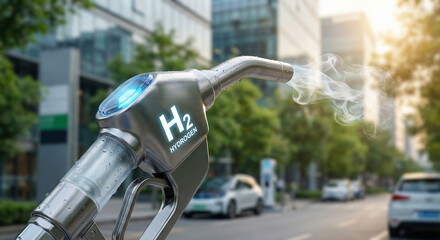 Hydrogen fuel pump nozzle with H2 symbol for renewable energy concept