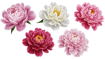 Vibrant delicate pink Peony flower blooms and a single pristine white Peony with intricate layered petals gracefully display stunning natural elegance and detailed botanical beauty.