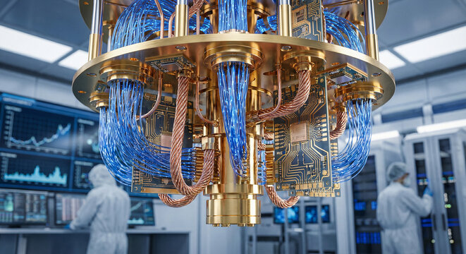 Golden quantum computer processor chandelier in laboratory for physics research