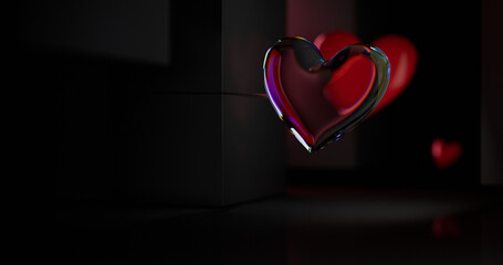 Crystal glass heart with dispersion effect floating in front of red heart. Luxury 3D render for Valentine's Day with dark background and copy space for text.