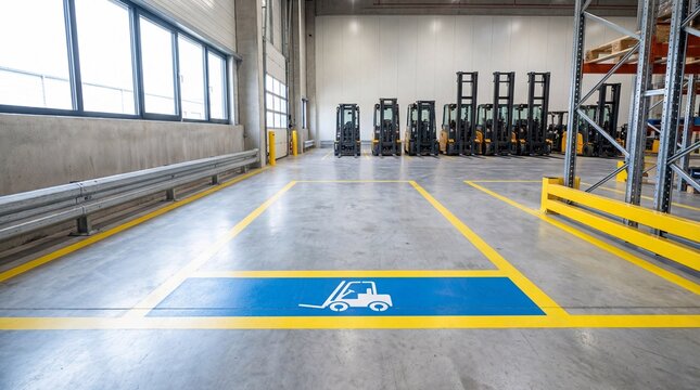 Modern warehouse interior with marked forklift parking area, lined forklifts, safety floor signage, industrial shelving, and clean concrete flooring.
