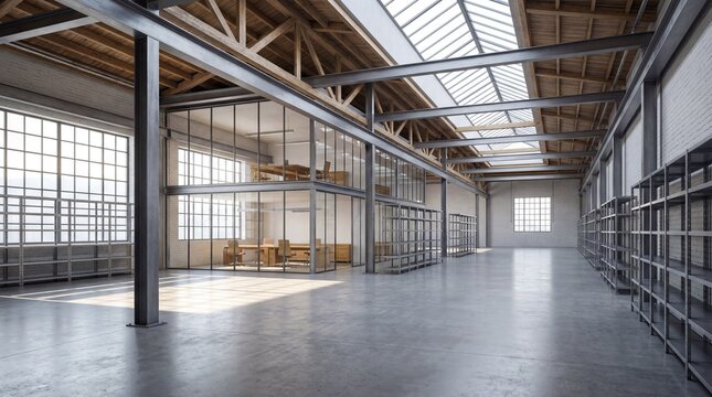 Spacious modern industrial warehouse interior with steel beams, skylight roof, glass-walled office, metal shelving, and polished concrete floor.