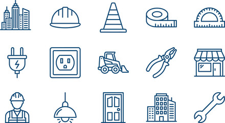 Blue line icon set of construction, building, safety, tools, machinery and electrical symbols for engineering, maintenance and industrial projects