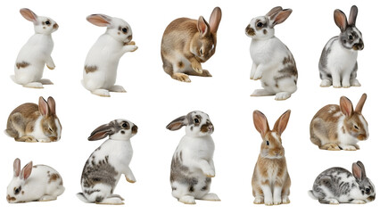 Diverse domestic pet rabbits displaying unique fur patterns of white with brown spots brown and grey are expertly photographed in a collage of various dynamic and resting poses showcasing their