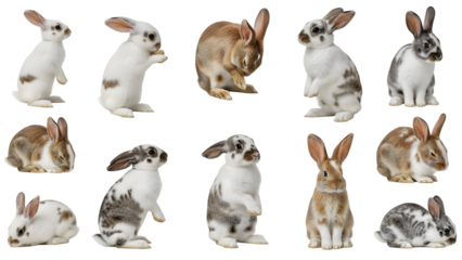 Diverse domestic pet rabbits displaying unique fur patterns of white with brown spots brown and grey are expertly photographed in a collage of various dynamic and resting poses showcasing their