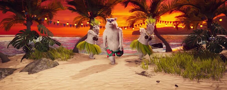 3D Render of Polar Bears Dancing on Tropical Beach at Sunset, Romantic Travel Getaway with Exotic Island, Palm Trees, Ocean Waves, Paradise Holiday
