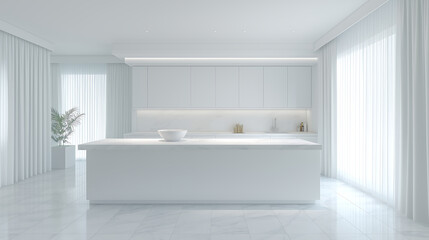 Ultra-minimalist all-white kitchen with large marble island feature , color of the year 2026, cloud dancer