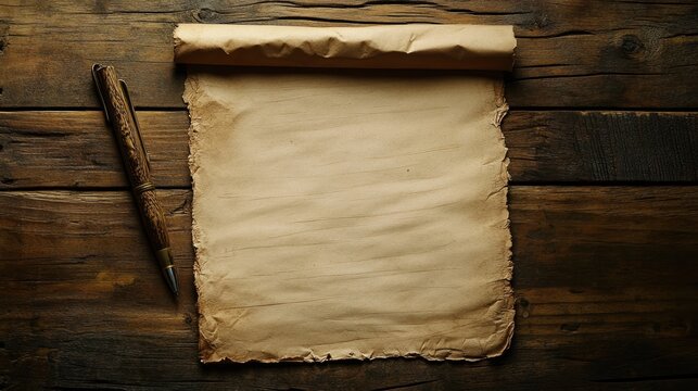 Aged parchment scroll and pen on rustic wooden table
