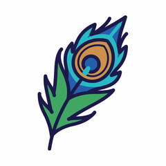 Obraz premium Vibrant stylized illustration of a single peacock feather with blue, green, and orange eye on a white background.