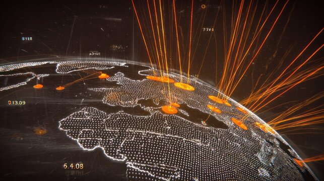 A globe composed of dots, lit from above with orange light beams signifying data connections