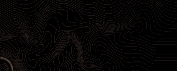 Luxury banner with golden wave pattern. Black background with gold lines. Flowing liquid texture. Bronze curves. Contour of wood trunk rings. Wooden concentric circles pattern. Wood annual rings