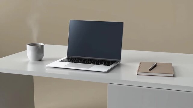 Minimalist workspace setup with laptop, notebook, and coffee cup.