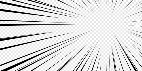 Obraz na płótnie Canvas Action comic speed lines with a radial burst effect for manga backgrounds. Vector illustration of black motion rays and halftone dots creating a powerful zoom or explosion for superhero stories.