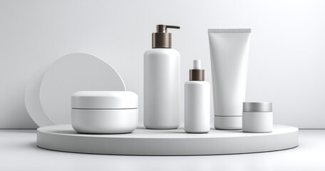 Minimalist Beauty Products Arrangement on White Display with Sharp Focus and Clean Lines