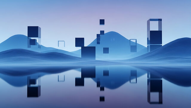 Abstract blue landscape with floating geometric cubes reflecting in a calm watery surface - Powered by Adobe