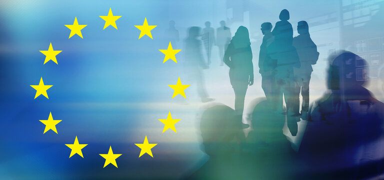 menschen eu europa zeichen symbol bev&ouml;lkerung beh&ouml;rde regierung bewegung alltag silhouetten farbig grafik familie kinder eltern senioren, opa und oma