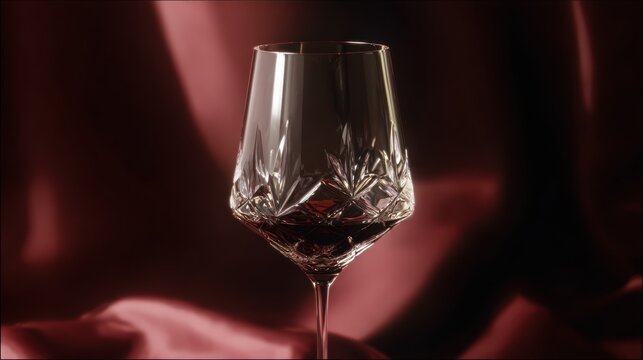 A crystal wine glass sits before draped fabric. Dark red liquid fills the glass