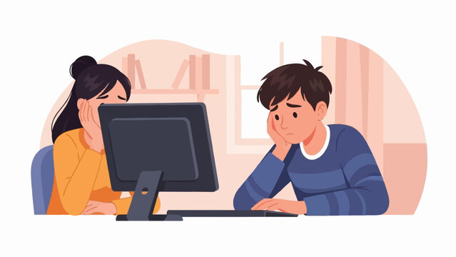 Two individuals, appearing bored and tired, stare blankly at a computer screen, their faces resting on their hands