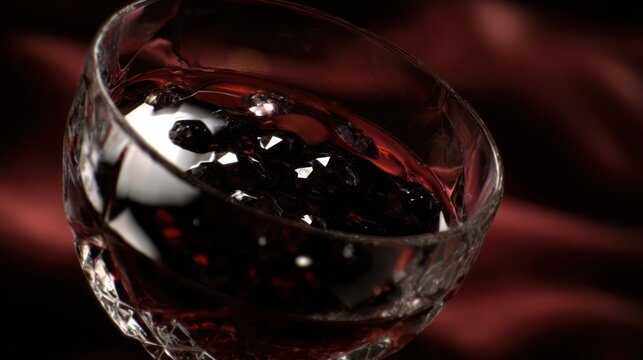A close-up showcases red liquid swirling within a crystal glass, with a blurred backdrop