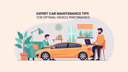 Two men work on car maintenance and performance tips in a modern office setting