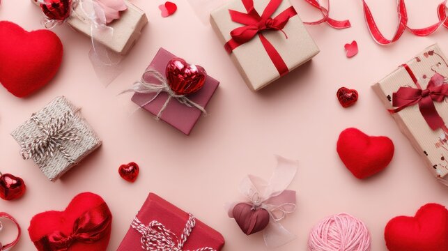 Overhead shot of gifts and hearts on a pink background, perfect for a romantic celebration