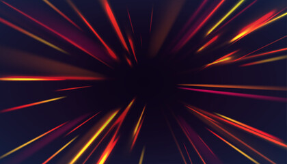 Radial red and orange starburst with glowing circular stripes and zoom motion. Futuristic light explosion vector for tech design, digital interface, sci-fi wallpaper and abstract speed background