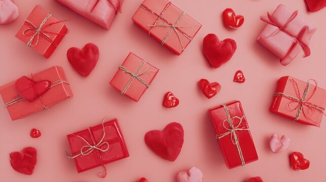 A flat lay arrangement of gifts and hearts in varying shades of red and pink