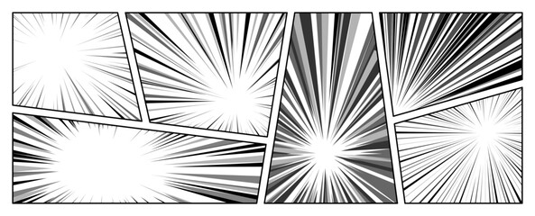 Minimalistic comic speed line set with a vintage halftone screentone pattern. Dynamic radial rays and japanese manga style background elements for movie title cards or superhero page layouts. © Azat Valeev
