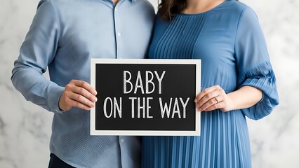 Couple wearing matching blue attire joyfully announces pregnancy news holding a small chalkboard sign reading baby on the way for social media.