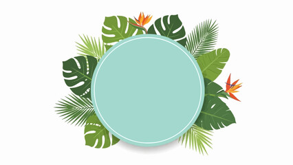 Teal circle framed by lush green tropical leaves and vibrant bird of paradise flowers © Agomo